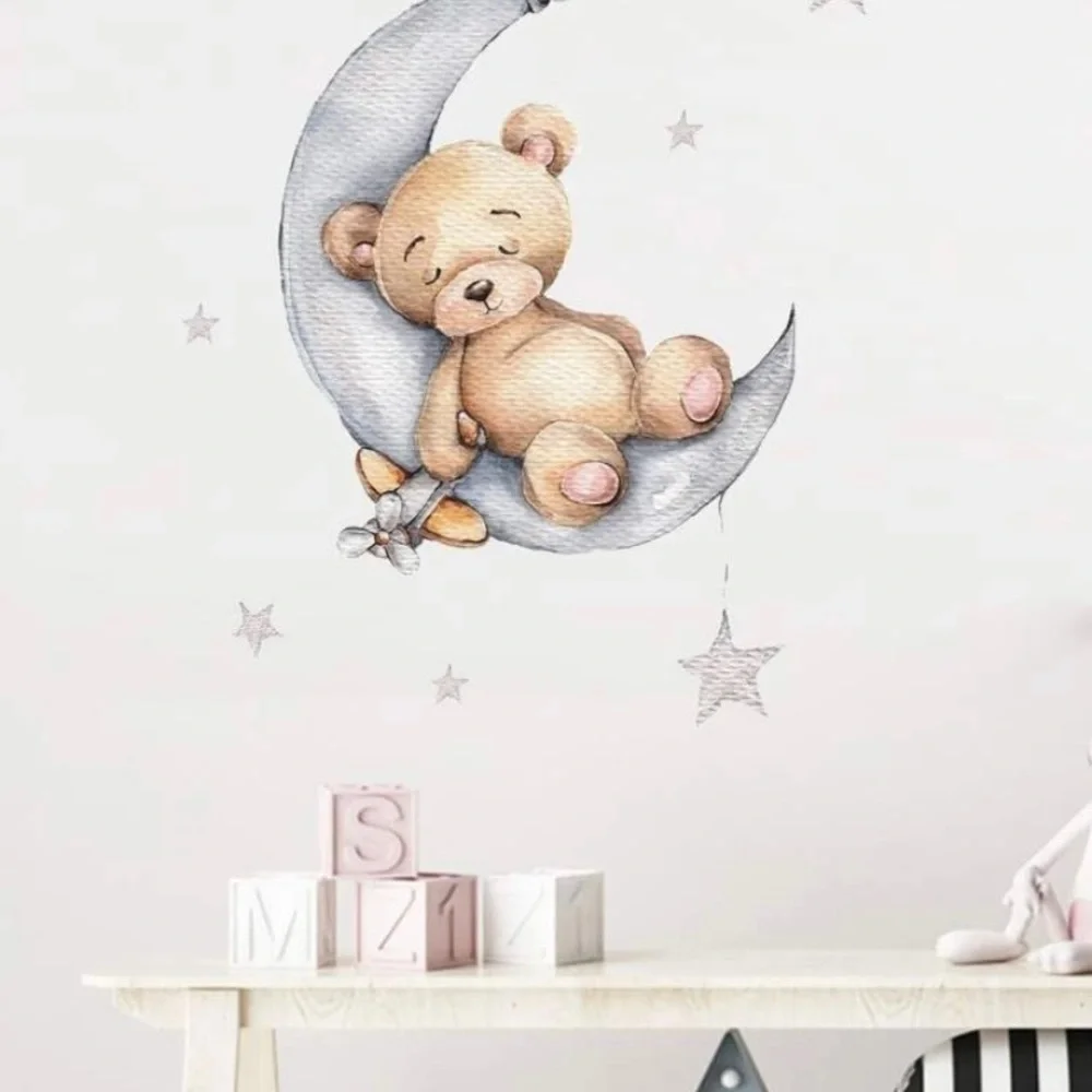 Baby Bear Nursery Wall Sticker Teddy Bear Sleeping in Moon W/ Stars Decal New